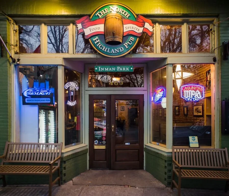 The North Highland Pub's green exterior, ornate sign, Inman Park.