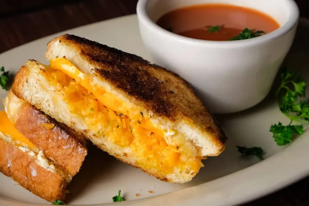 Golden grilled cheese and tomato soup garnished with herbs on a plate.