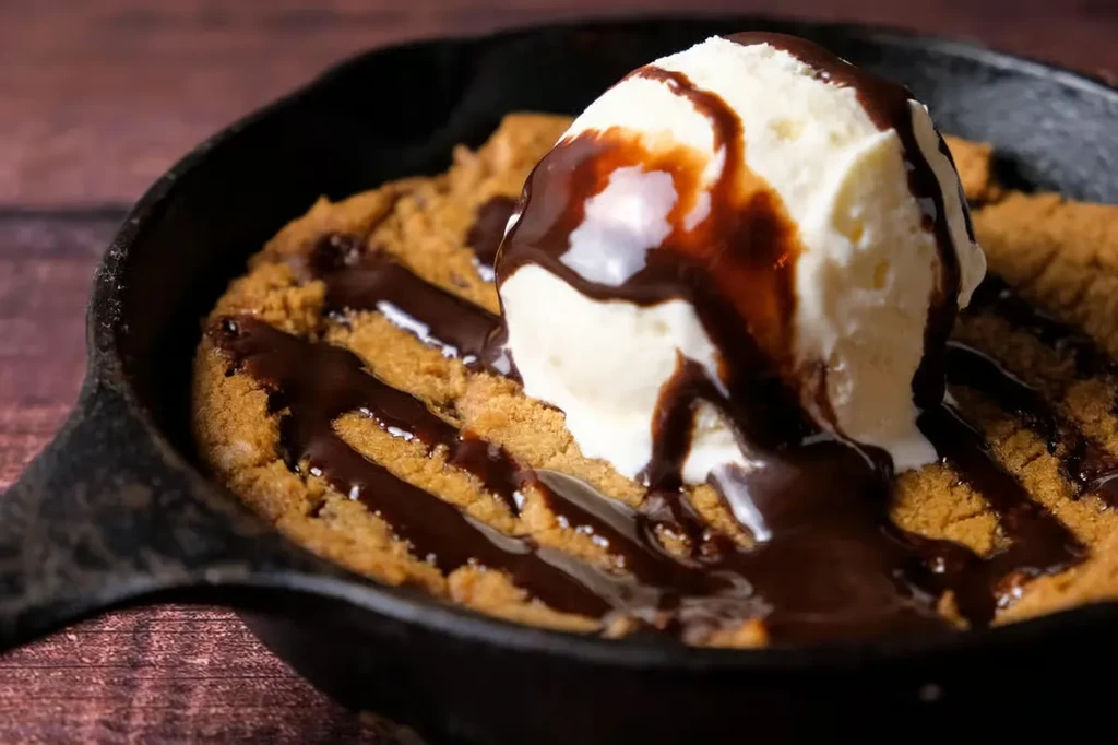 Skillet cookie with melting ice cream and chocolate sauce.