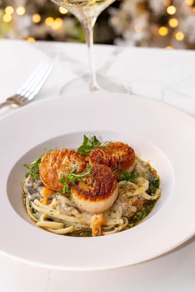 Seared scallops on creamy pasta with green sauce, microgreens, blurred background.