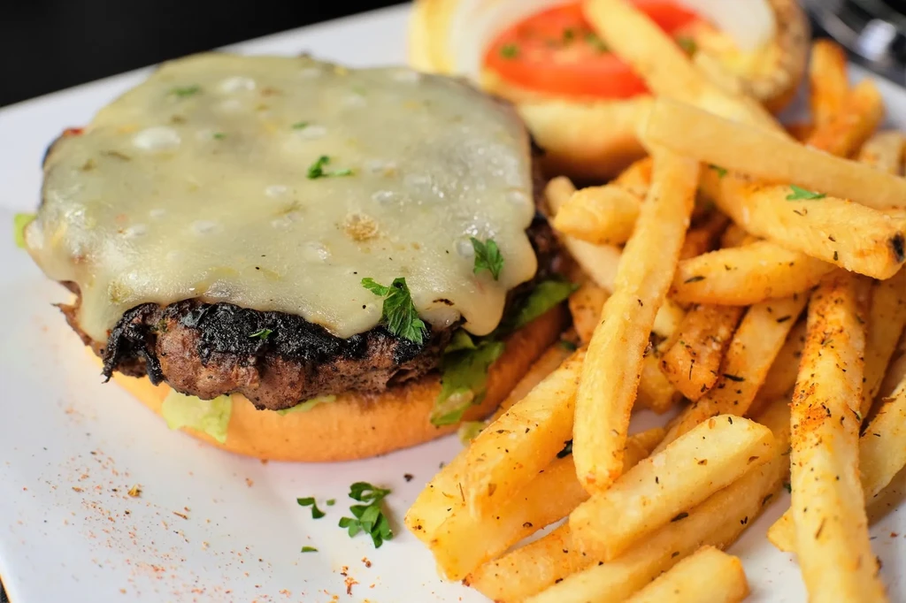 Grilled cheeseburger with melted cheese and seasoned golden french fries.