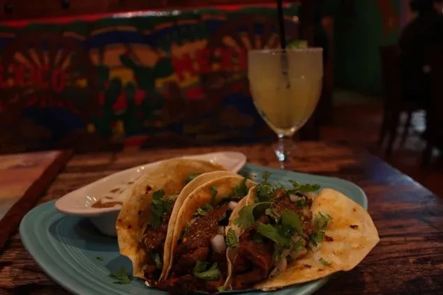 Three street tacos with meat, onion, cilantro, and a margarita.