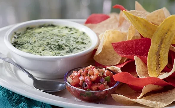 Appetizer platter with green dip, salsa, and assorted chips.