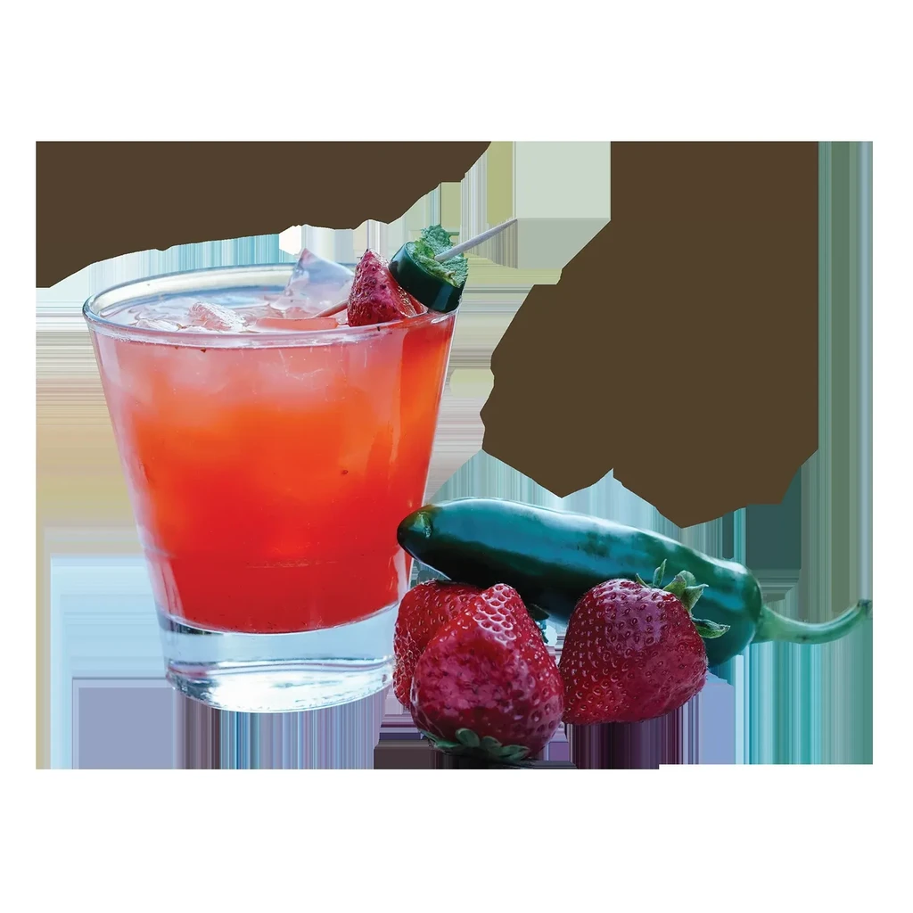 Iced red drink garnished with strawberry, jalapeño, and mint.