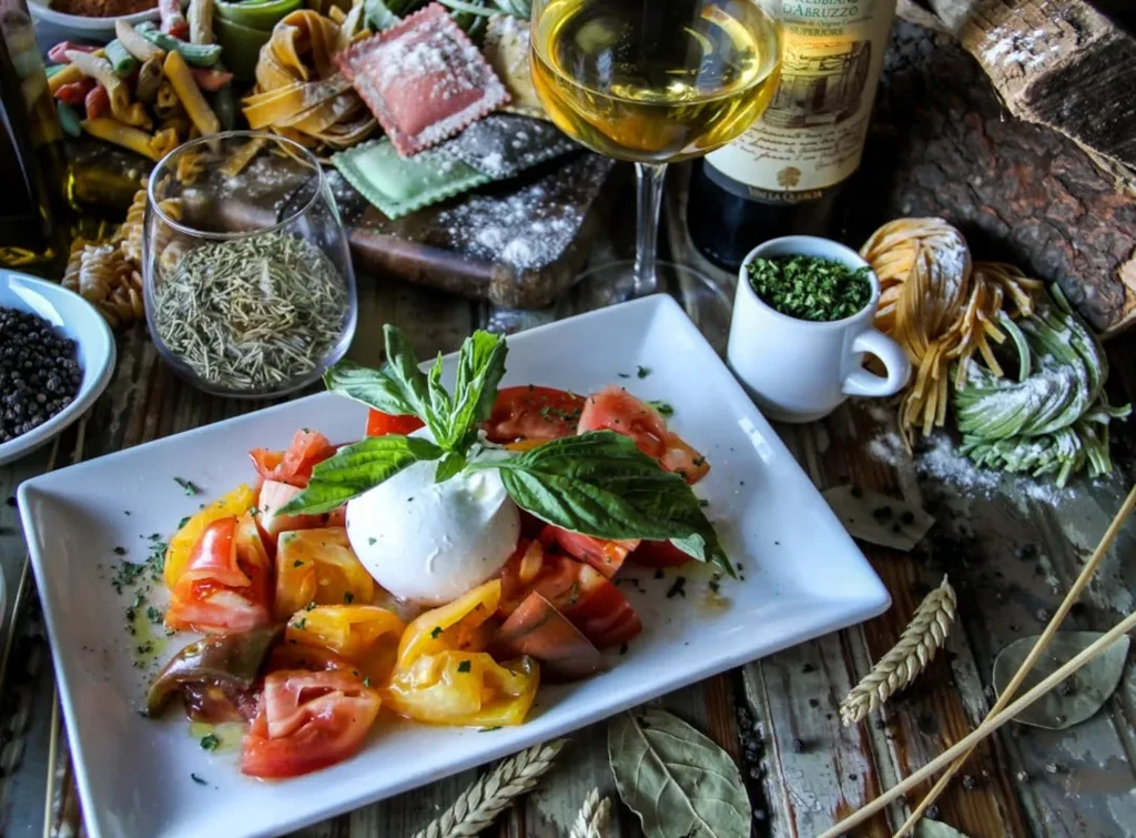 Rustic Italian food spread with caprese salad, pasta, and wines.