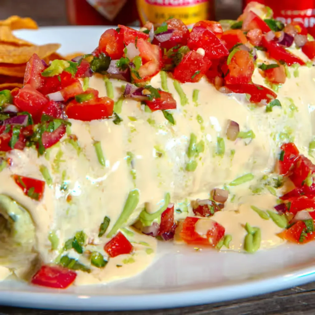 Cheese-covered burrito topped with fresh pico de gallo and green sauce drizzle.