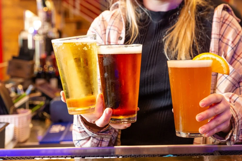 Person holding three distinct beers: lager, ale, hazy with orange slice.