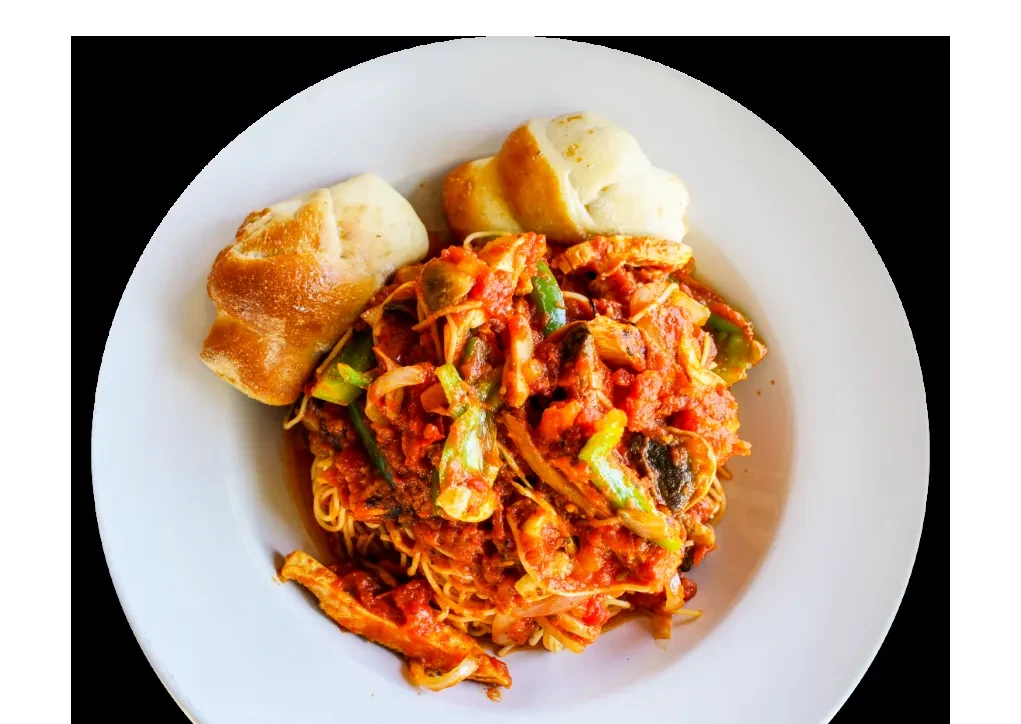 Spaghetti with red sauce, vegetables, meat or mushrooms, and bread rolls.
