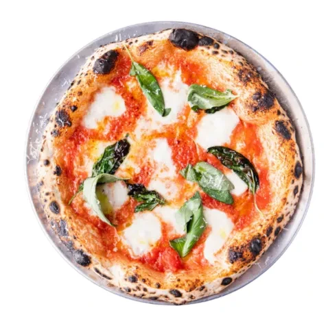 Hot Neapolitan pizza with melted mozzarella, basil, and charred crust.