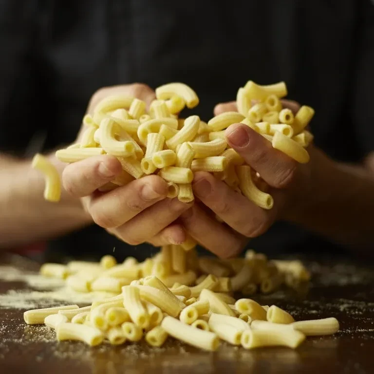 Hands cupping raw macaroni pasta, spilling onto a dark surface.