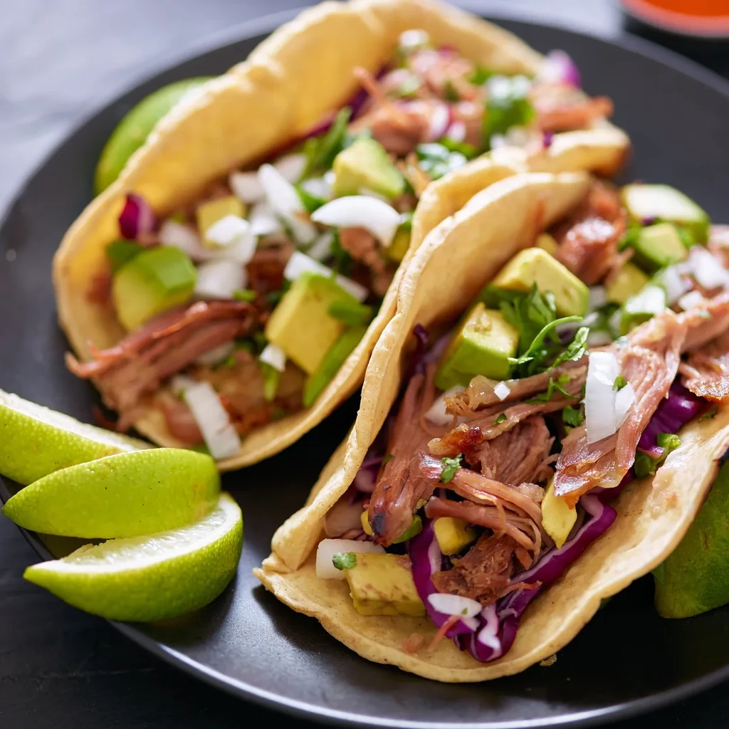 Close-up of two pork tacos with avocado, cilantro, purple cabbage, and lime.