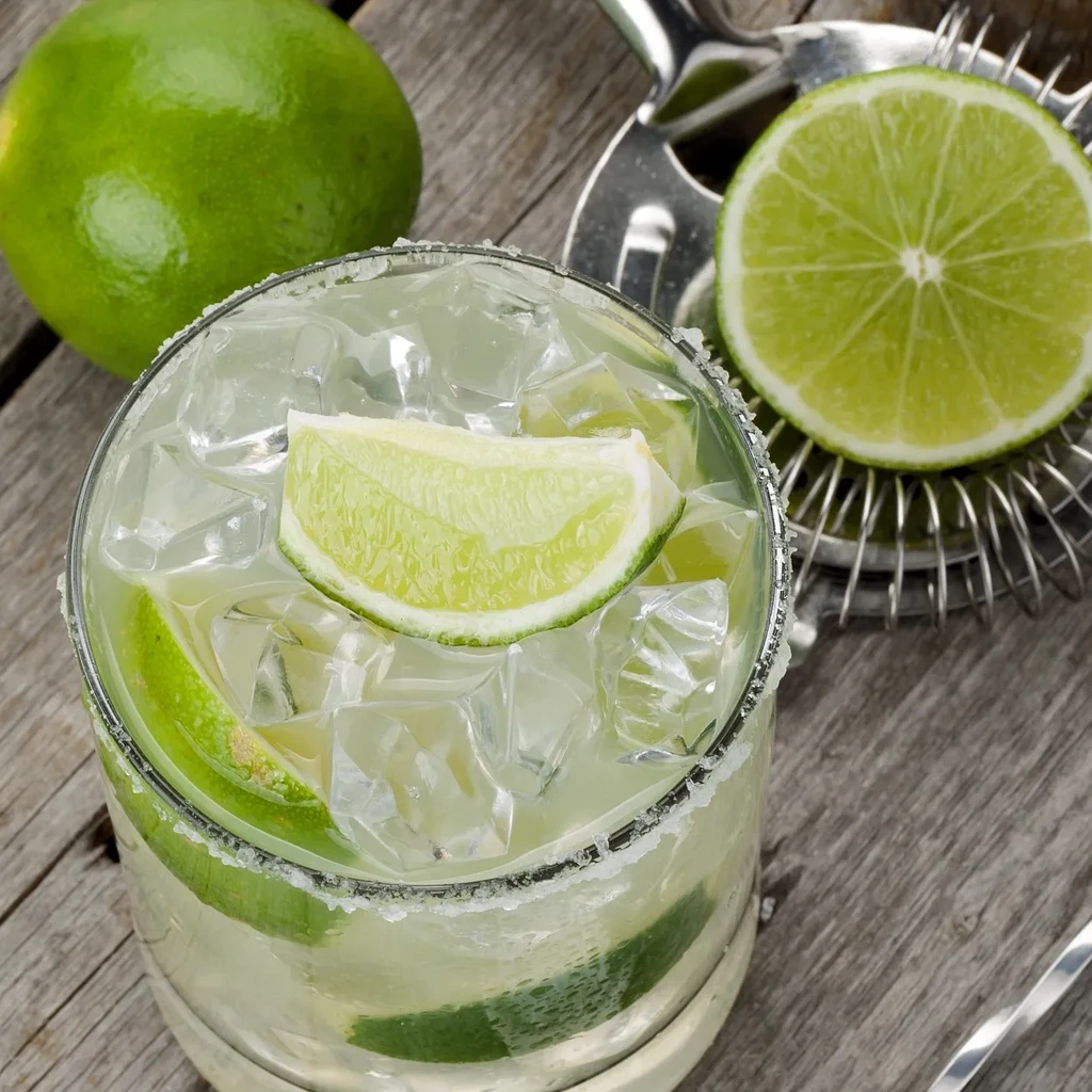 Iced cocktail with lime wedges and salted rim on wood.