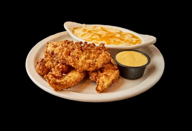 Crispy fried chicken tenders, macaroni and cheese, and dipping sauce.