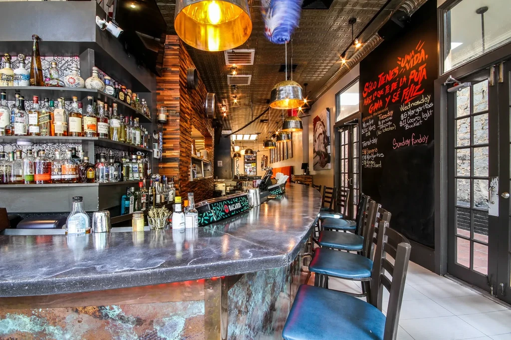 Stylish bar with dark curved counter, liquor display, and chalk specials.