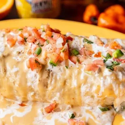 Burrito or enchilada covered in white sauce, cheese, and pico de gallo.