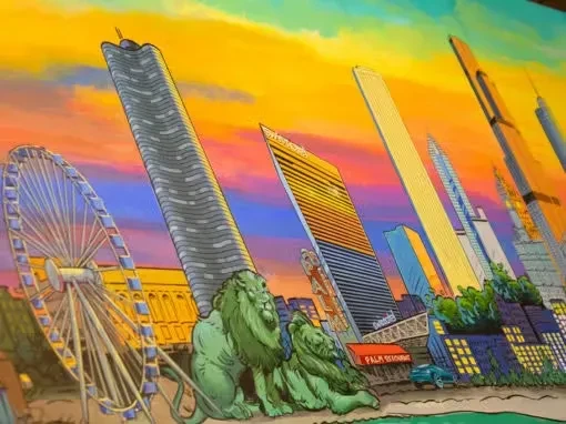 Stylized painting of a cityscape with leaning skyscrapers, lion statues, and a Ferris wheel.