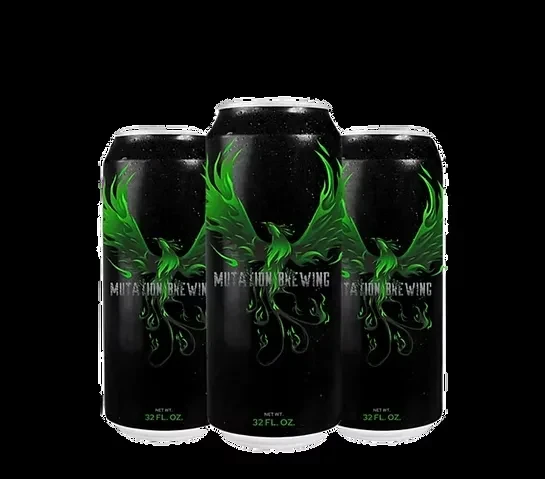 Three black beer cans with glowing green phoenix logo, Mutation Brewing.