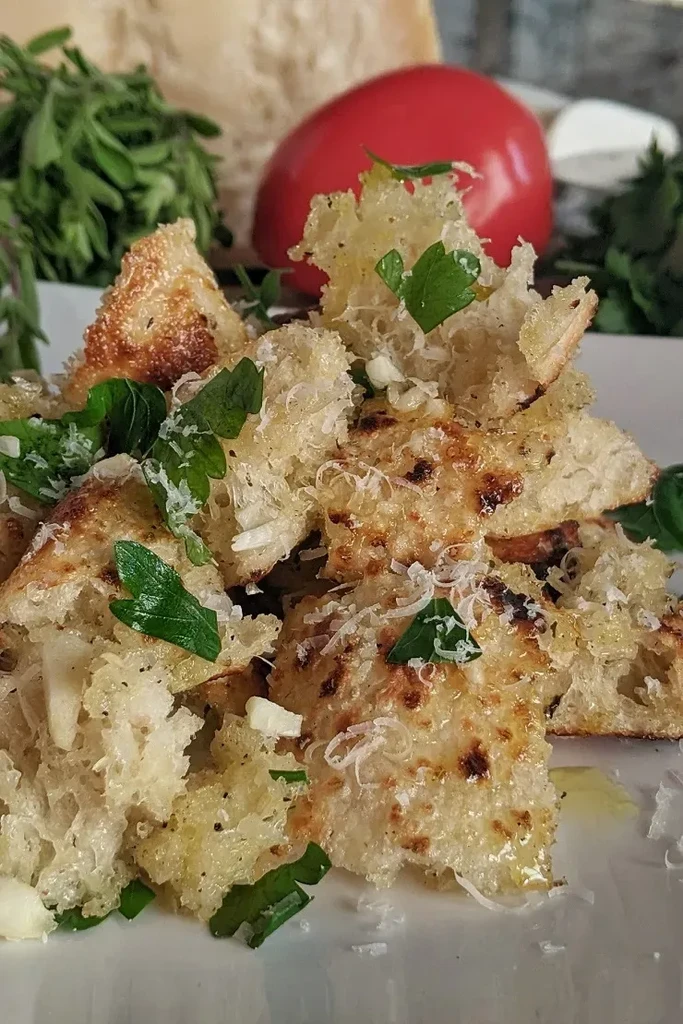 Close-up of crispy toasted bread with grated cheese and fresh herbs.