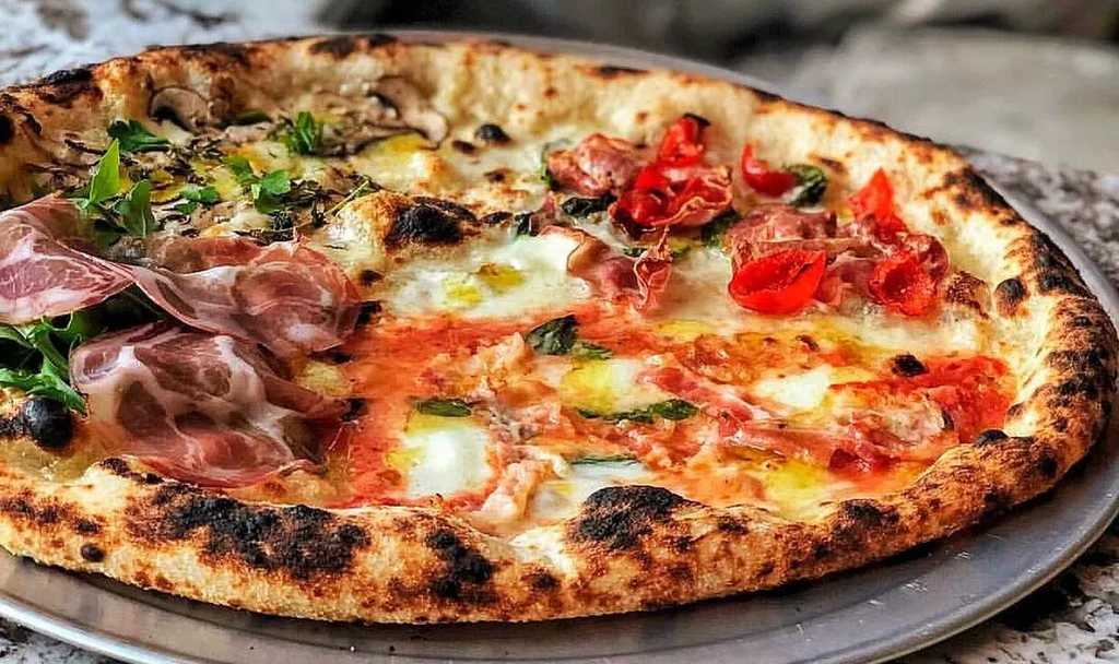 Overhead, round pizza with four distinct toppings on a metal pan.