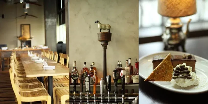 Triptych showing a rustic restaurant interior, bar, and chocolate dessert.