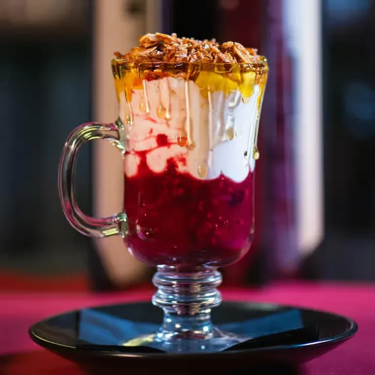 Layered berry and cream parfait in a glass mug with granola, syrup.