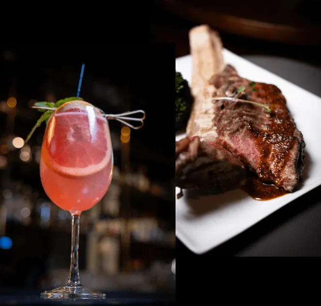 Composite: Pink cocktail with grapefruit and medium-rare steak.