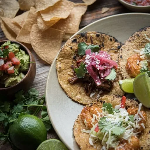 Overhead: Varied tacos, guacamole, chips, and limes on a wooden table.