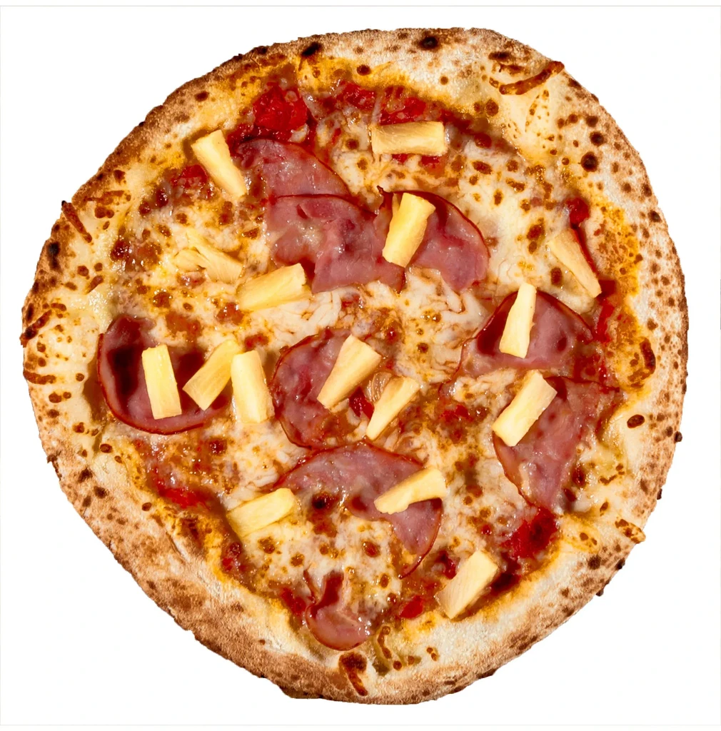 Whole Neapolitan pizza with ham, pineapple, cheese, tomato sauce.