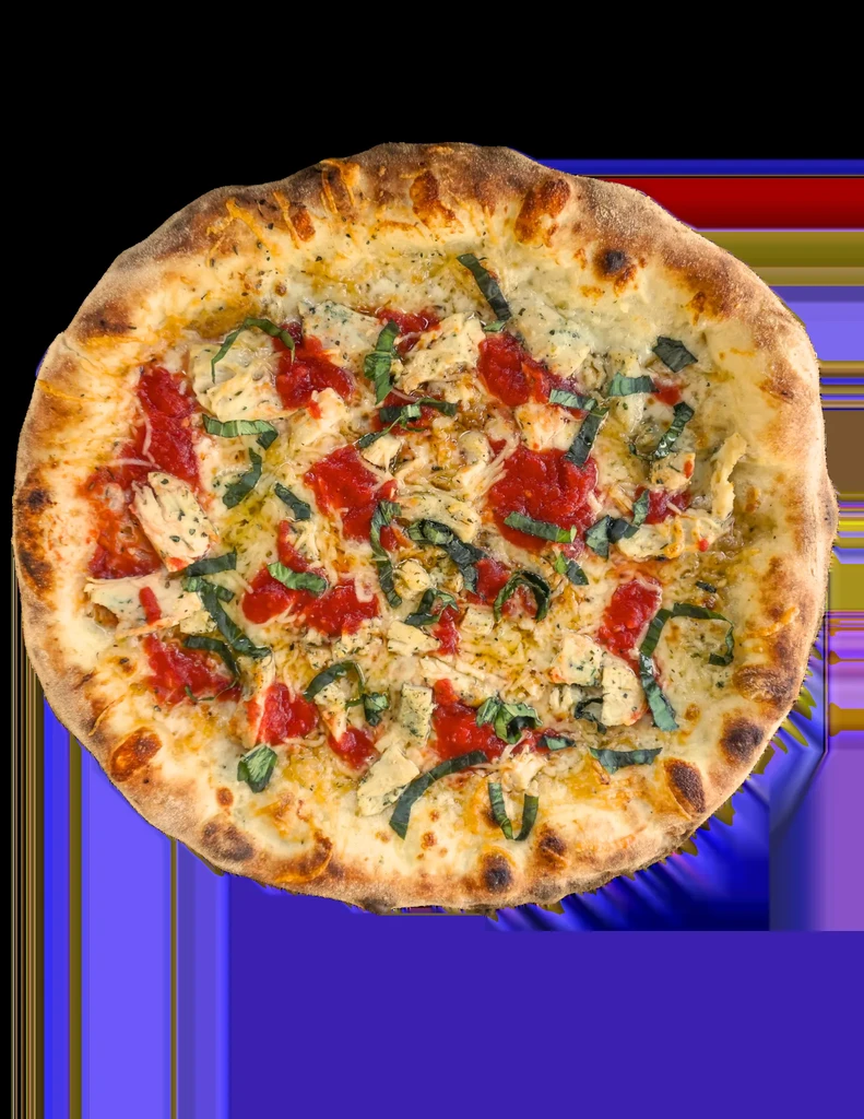 Round pizza with sauce, melted cheese, basil, on a colorful glitchy background.