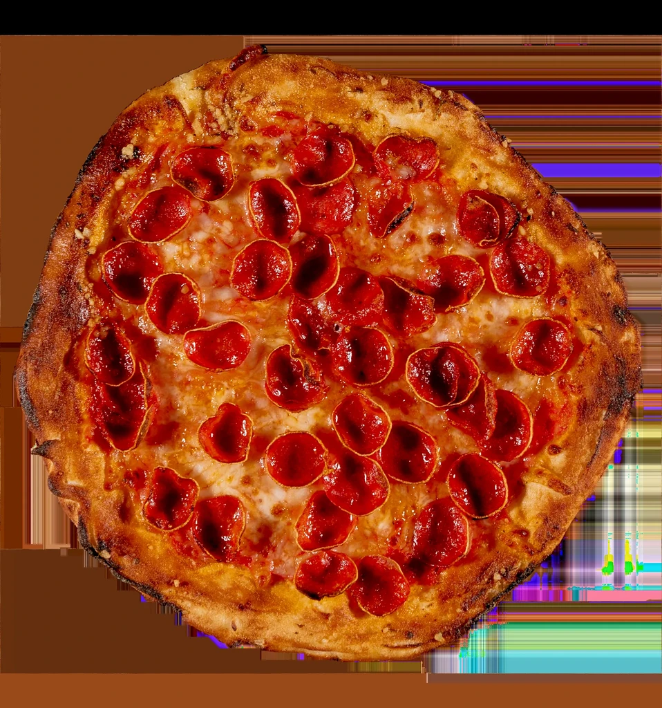 Round pepperoni pizza with melted cheese, crisp pepperoni, and charred crust.