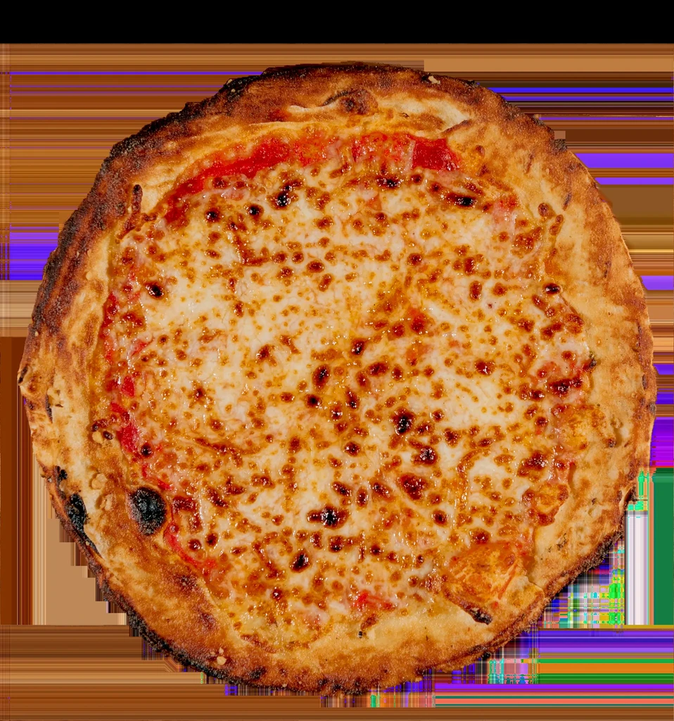Overhead view of a classic cheese pizza with golden crust and bubbly cheese.
