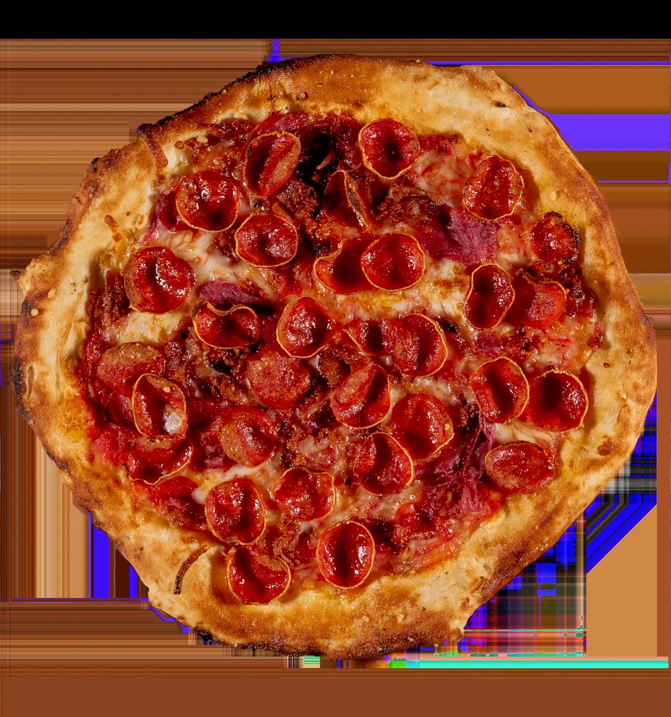 Whole pepperoni, sausage, onion pizza with melted cheese, charred crust.