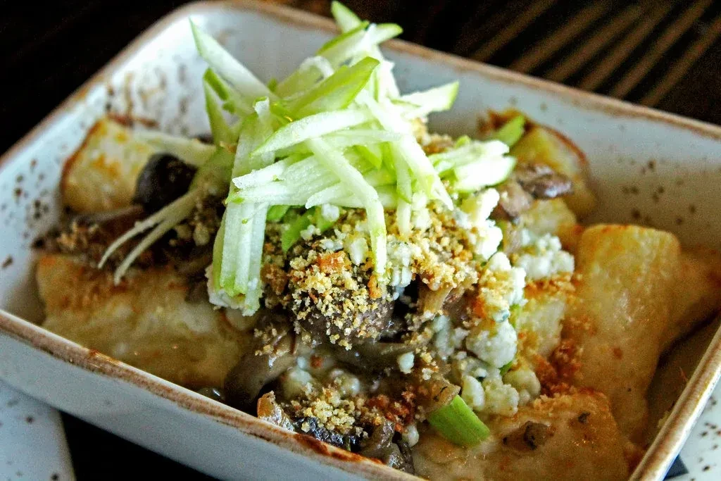 Close-up of creamy pasta with mushrooms, cheese, and fresh green garnish.