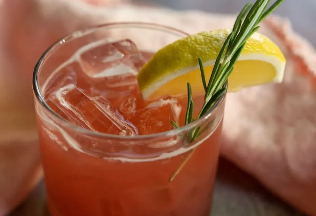 Reddish-pink drink with ice, lemon wedge, and rosemary sprig.