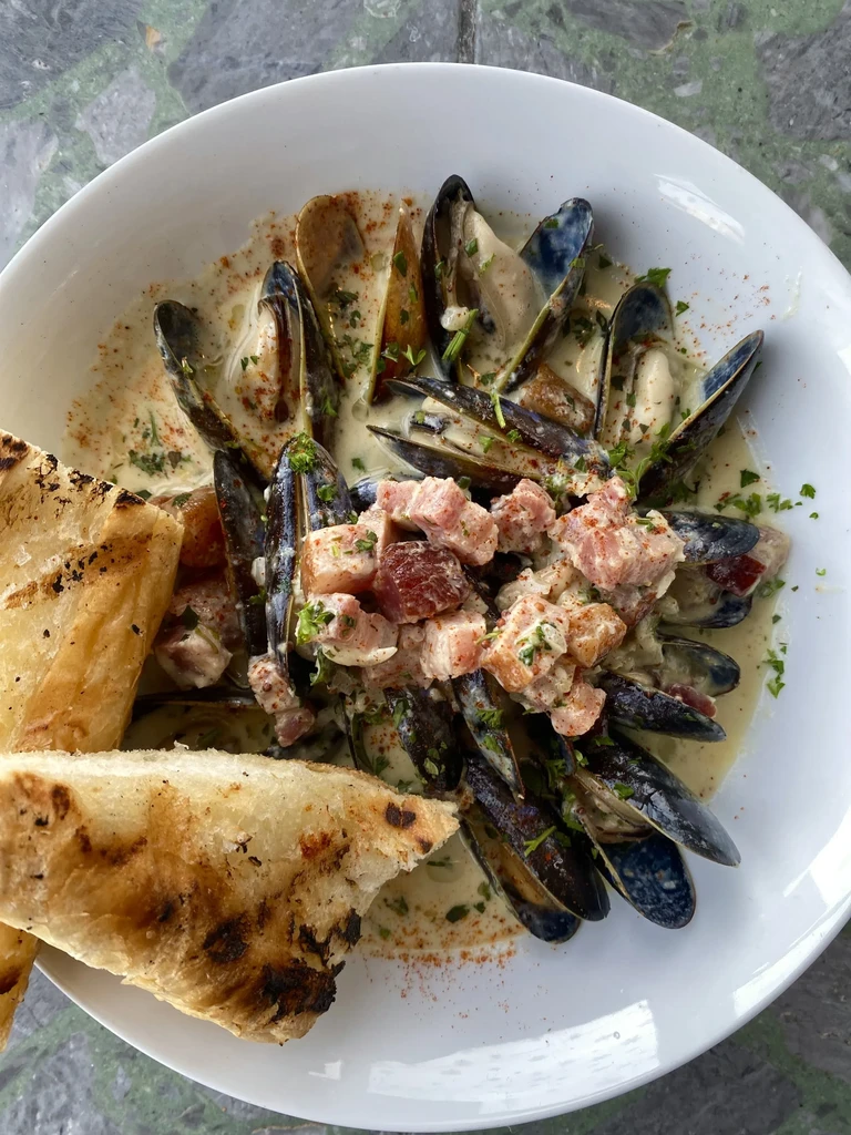 Overhead: Mussels in creamy sauce with meat and toasted bread.