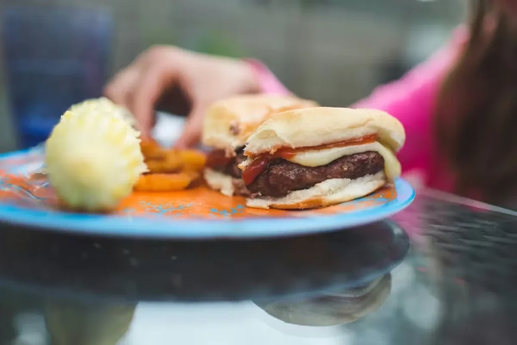 Two cheeseburger sliders, fries, and mashed potatoes on a colorful plate.