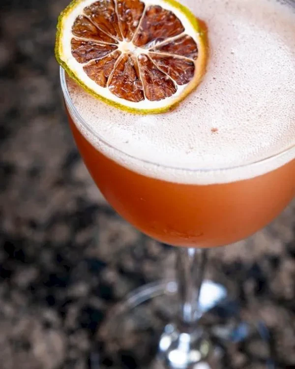 Close-up of reddish-orange cocktail with white foam and dried citrus garnish.
