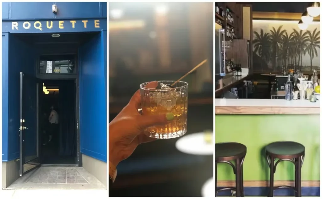Triptych: Roquette entrance, hand holding cocktail, and vibrant bar interior.