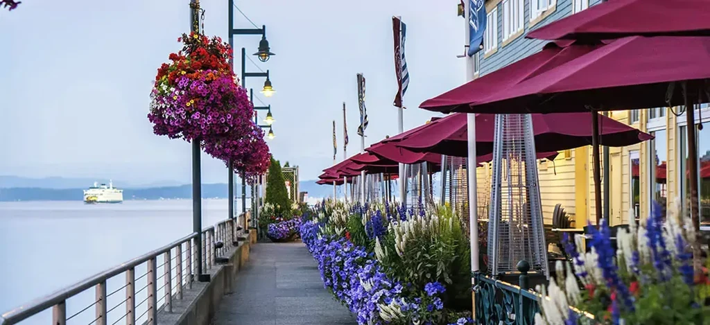 Overcast waterfront patio with vivid flowers, maroon umbrellas, and ferry.