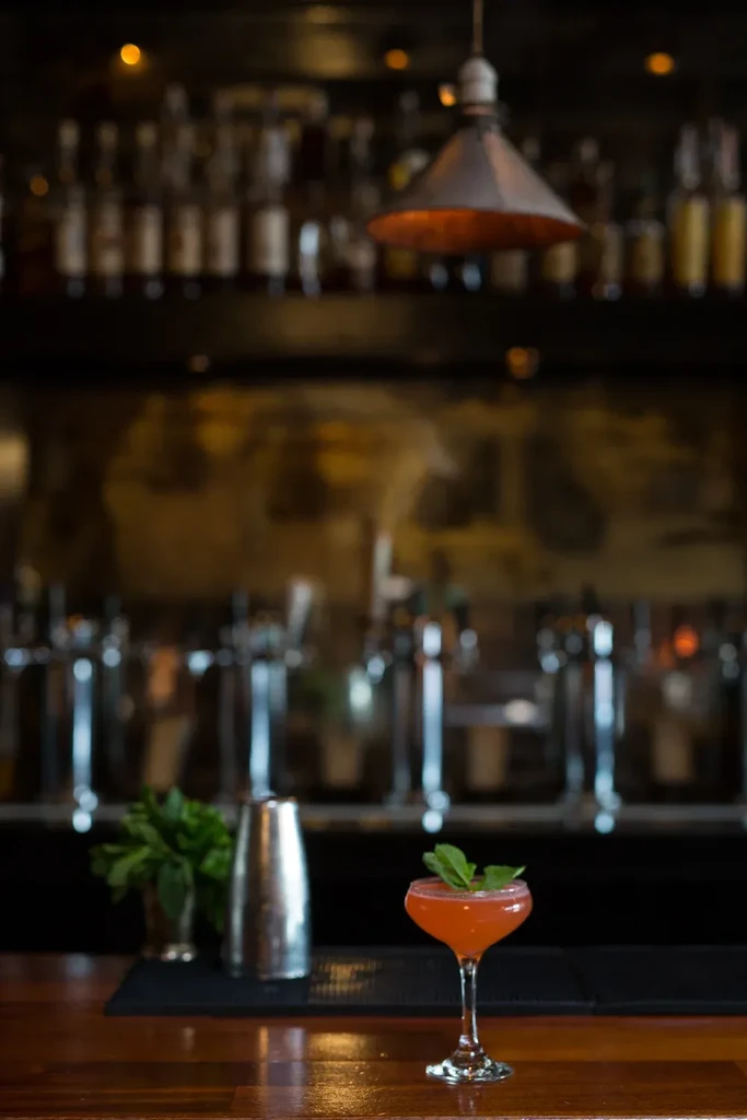Orange-red cocktail with mint on a bar, shaker, blurred liquor bottles.