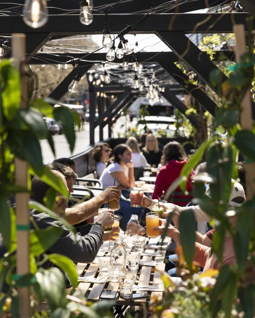 People toasting beverages at a sunny outdoor patio under string lights.