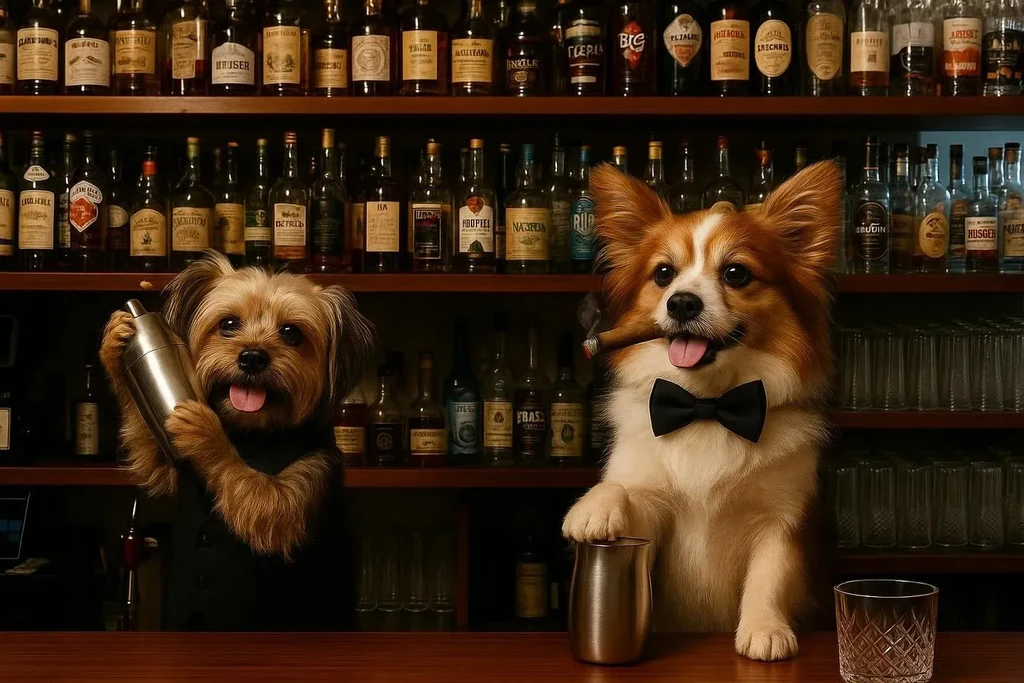 Two whimsical dogs bartend with a shaker and cigar behind a bar.
