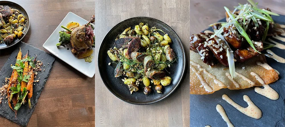 Triptych of professionally plated meat, gnocchi, and vegetable dishes.