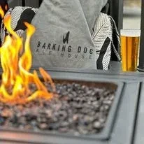 Gas fire pit with bright flames, beer, and Barking Dog Ale House cushion.
