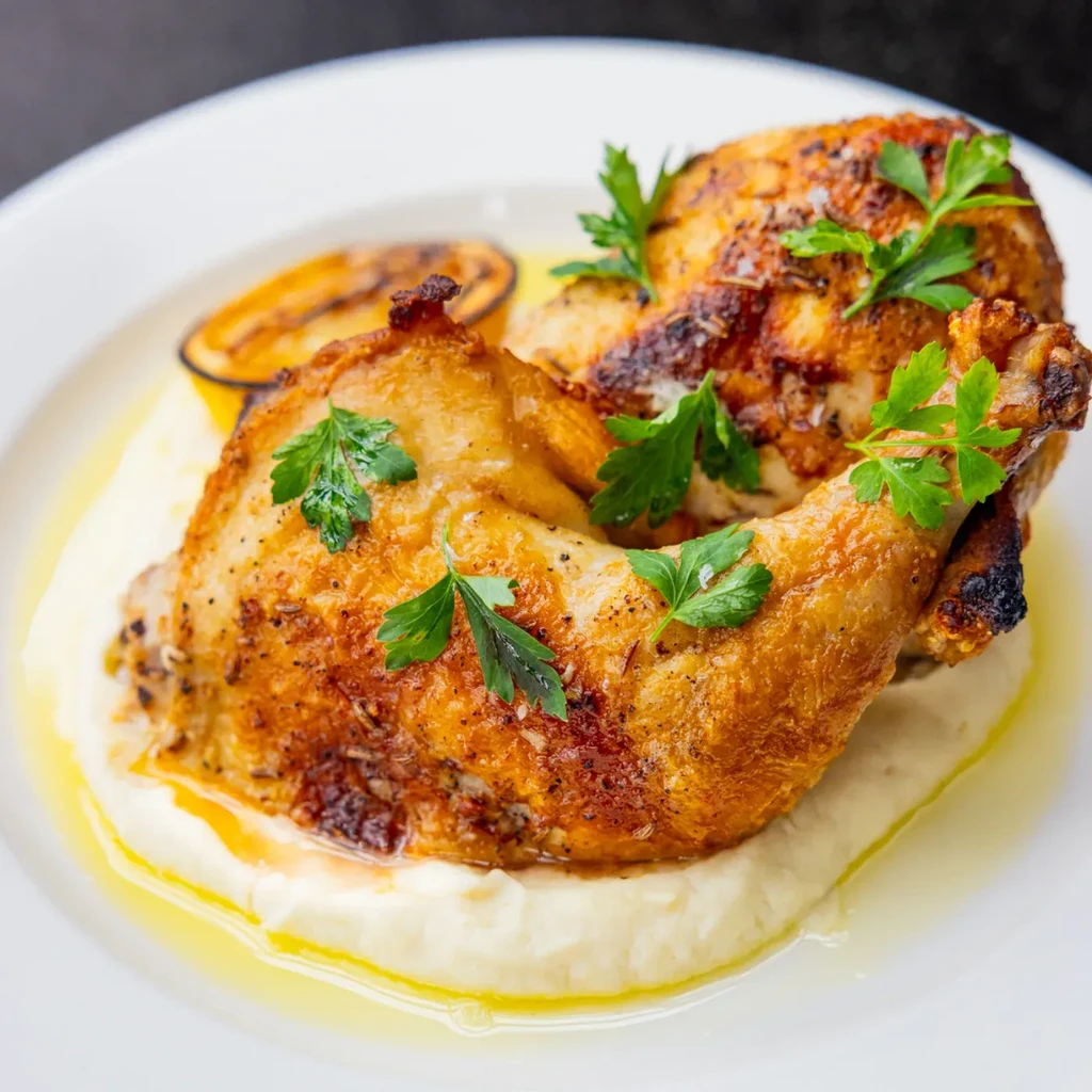 Crispy-skinned roasted chicken, creamy puree, fresh parsley, and charred lemon.
