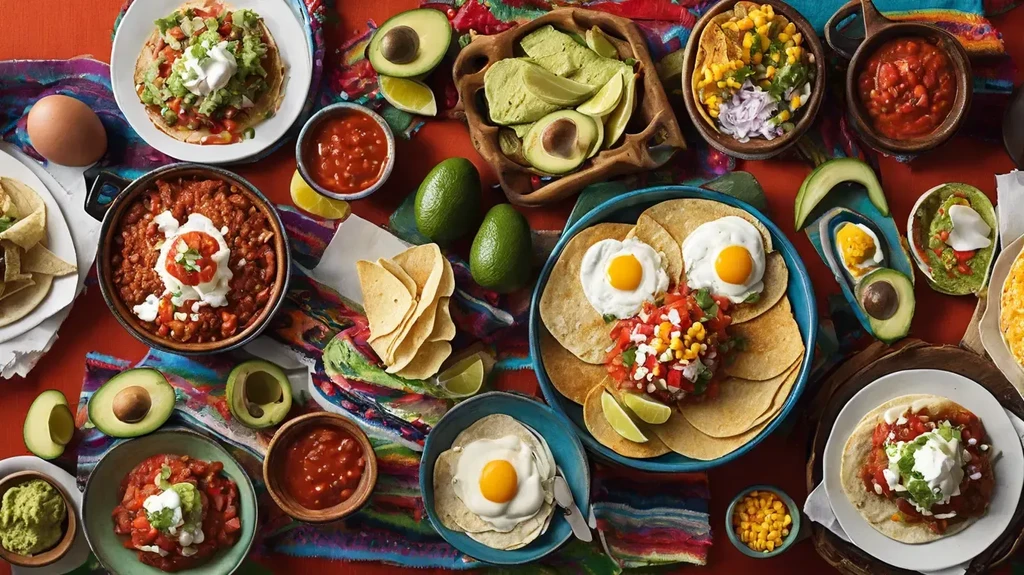 Overhead spread of vibrant Mexican food: tacos, eggs, guacamole, chips, salsa.