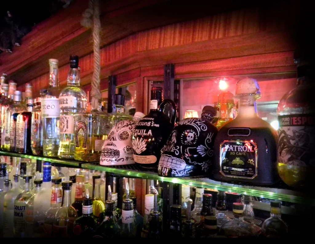 Dimly lit bar shelves display liquor bottles, including distinctive skull-shaped designs.