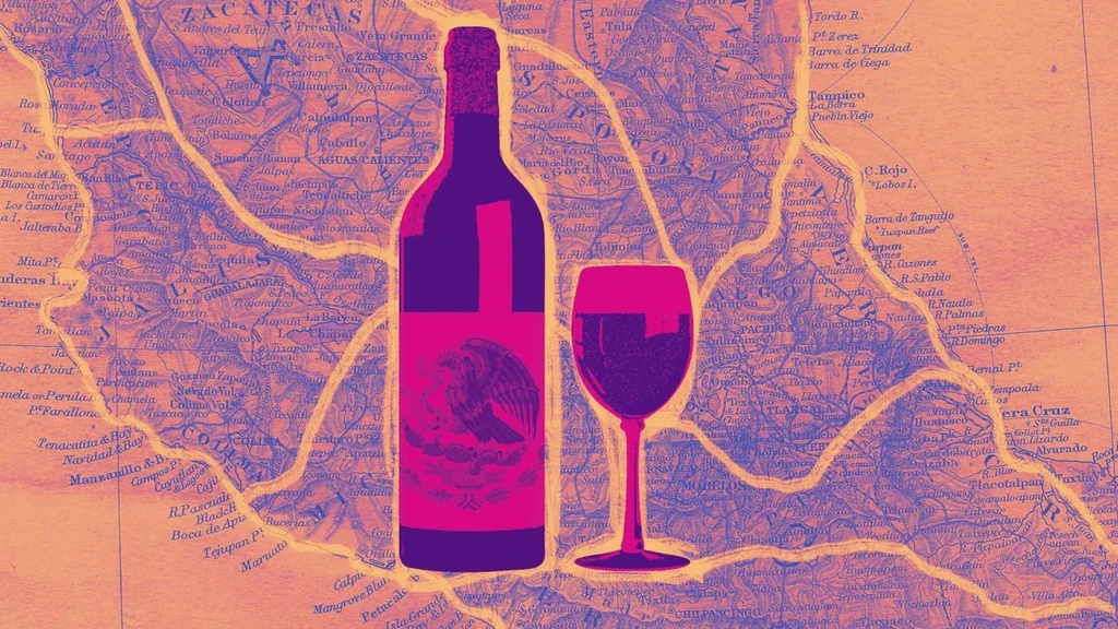 Vibrant pop-art wine bottle, eagle label, glass, over Mexico map.