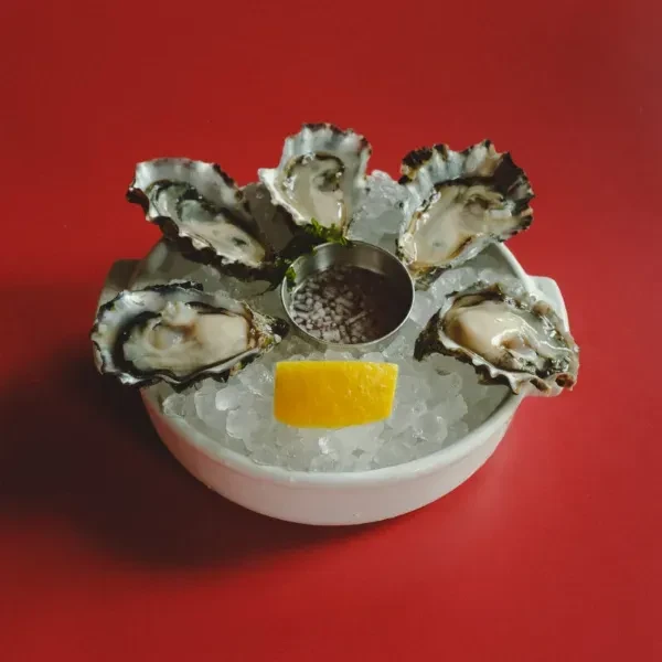Five fresh shucked oysters on ice with sauce and lemon, red background.