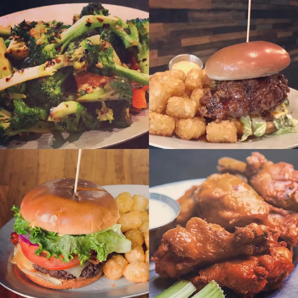 Grid of four food photos: two burgers, broccoli, and chicken wings.